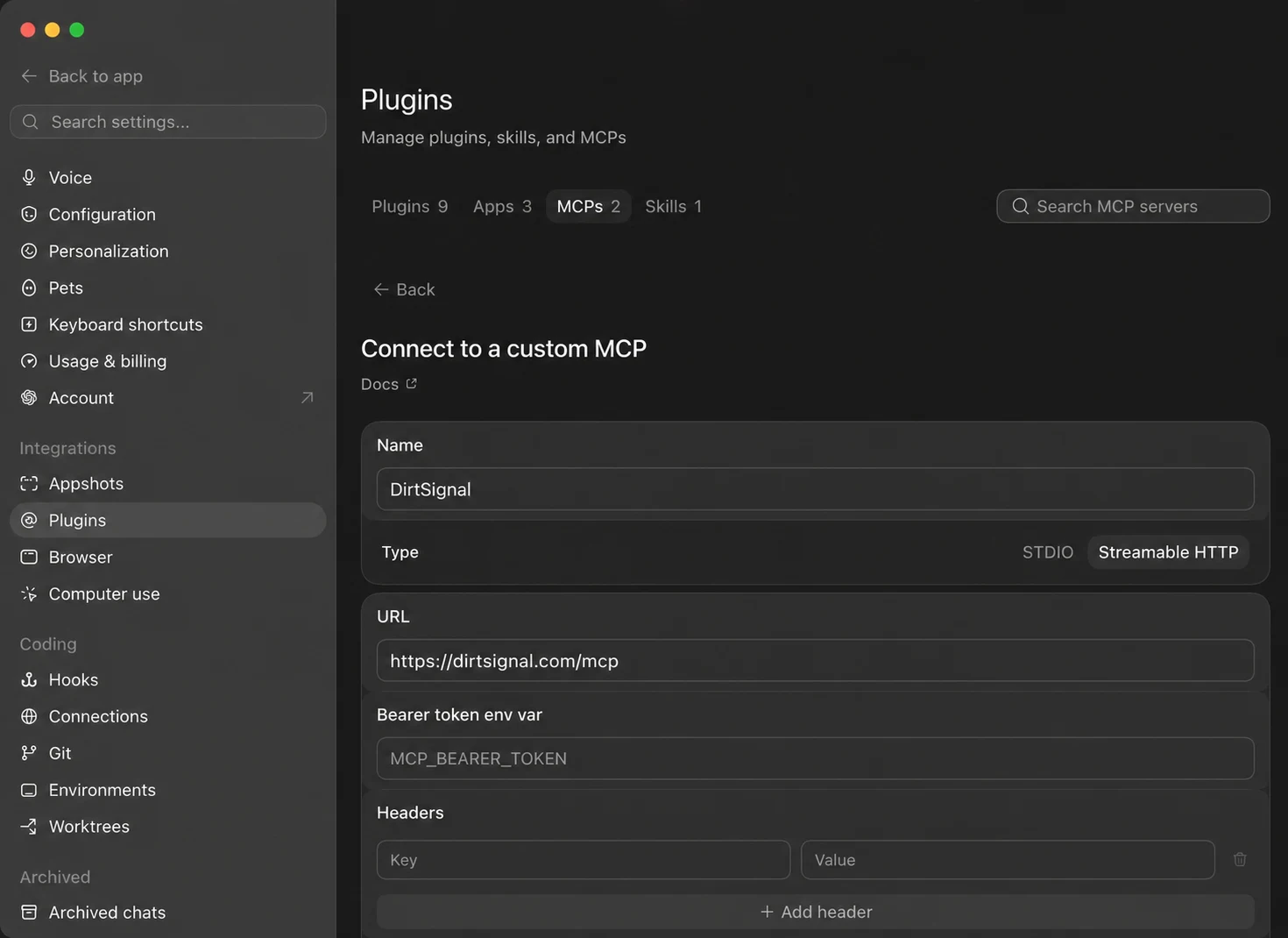 ChatGPT Desktop custom MCP form with DirtSignal selected as a Streamable HTTP server